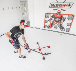A hockey player practicing stick handling.