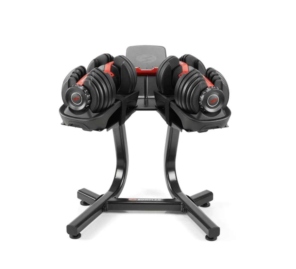 A set of adjustable dumbbells with stand.